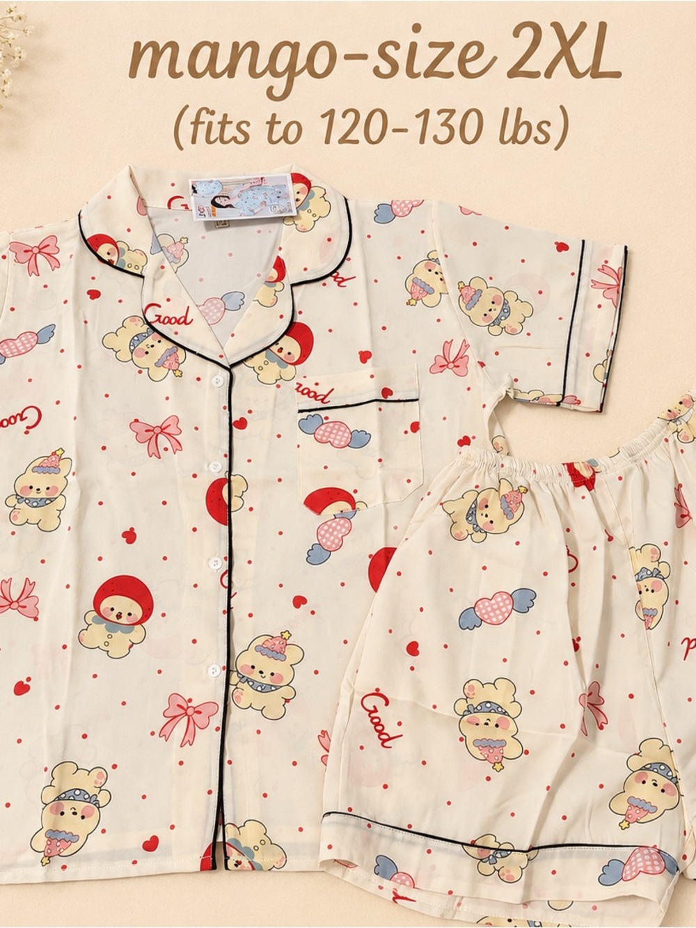 Mango Silk Cream Cartoon Bear Pajama Set with Red and Pink Accents
